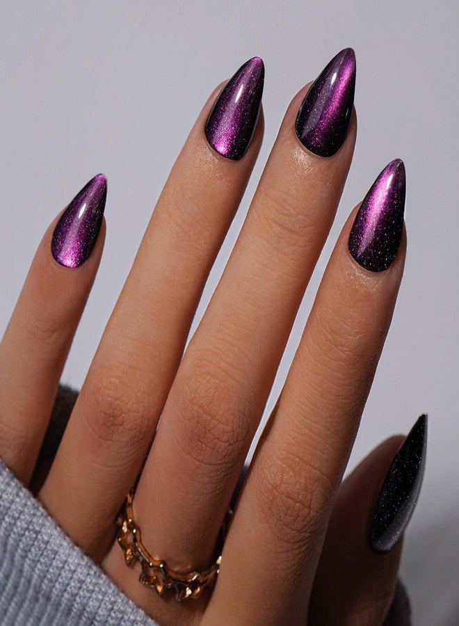 KQueenest Cat Eye Press On Nails Short Almond, Acrylic Press On Nails with Glue, Sparkle Purple Black Fake Nails Stiletto, Soft Gel Glue On Nails for Woman, Long-Lasting Glitter Effect, 30 Pcs - Image 1